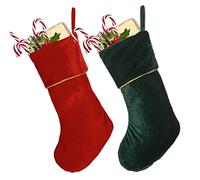 Dibor Christmas Stocking Set of 2 Red & Green Velvet Luxury Gold Braided Traditional Gift Present Xmas Stocking 18” His & Hers Mantelpiece Decoration Festive Gift Sack Stockings