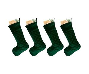 Dibor Christmas Stocking Set of 4 Luxury Red/Green/Blue/Silver Velvet Quilted Traditional Gift Present Xmas Stocking 20” Mantelpiece Decoration Festive Gift Sack Stockings (Green)