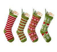 Dibor Christmas Stocking Set of 4 Patterned Red, Green & White Christmas Stockings with Hanging Loops 16" Mantelpiece Decoration Festive Gift Sack Stockings (Assorted)