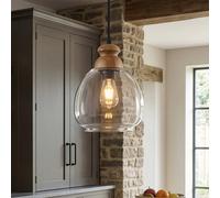 Dibor Clear Glass Globe Pendant Light With Wooden Fixture, E27 Compatible, 25 Cm Height, 250 mm Diameter, 150 Cm Cable