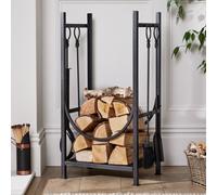 Dibor Contemporary Fireplace Freestanding Black Fireside Firewood Log Holder, Log Storage Rack With Companion Set