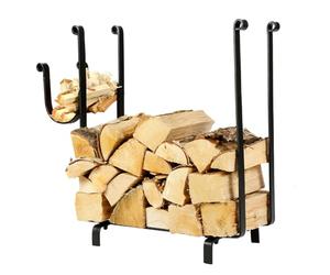 Dibor Contemporary Firewood Storage Log Holder Cradle Heavy Duty Matte Black Steel Kindling Fire Wood Log Burner Stove Storage Basket (Rectangular with Curve)