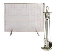 Dibor Contemporary Nickel 4pc Freestanding Fireside Companion Set with Fire Screen Guard in Silver Dibor Silver