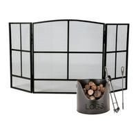 Dibor Contemporary Style Black Fire Screen Guard H64 x W120cm with Log & Kindling Bucket Dibor Black