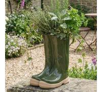 Dibor Dark Green Wellington Boots Large Ceramic Indoor Outdoor Flower Pot Garden Planter Pot (W) 24Cm, (H) 29.5Cm