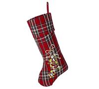 Dibor Festive Tartan Stocking with Mistletoe Embellishment and Hanging Loop - H51cm