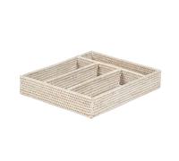 Dibor Four Compartment Cutlery Tray Premium Ketak Rattan Dining Table Utensil Holder Silverware, Linen and Condiment Caddy Kitchen Countertop Storage Accessory (White)