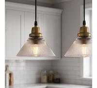 Dibor Glass Cone Pendant Ceiling Light With Pleated Clear Glass Shade And Bronze Fitting