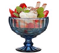 Dibor Glass Dessert Bowl Embossed 300ml Footed Sundae Dish (Blue) | Dishwasher Safe, Baroque, Bevelled, Vintage Style, Footed Bowls