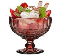 Dibor Glass Dessert Bowl Embossed 300ml Footed Sundae Dish (Pink) | Dishwasher Safe, Baroque, Bevelled, Vintage Style, Footed Bowls
