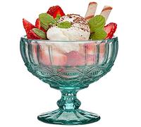 Dibor Glass Dessert Bowl Embossed 300ml Footed Sundae Dish (Turquoise) | Dishwasher Safe, Baroque, Bevelled, Vintage Style, Footed Bowls