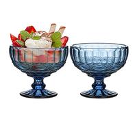 Dibor Glass Dessert Bowl Set Embossed 300ml Footed Sundae Dishes (2, Blue) | Dishwasher Safe, Baroque, Bevelled, Vintage Style, Footed Bowls