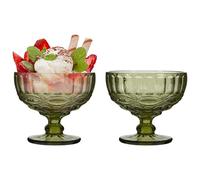 Dibor Glass Dessert Bowl Set Embossed 300ml Footed Sundae Dishes (2, Green) | Dishwasher Safe, Baroque, Bevelled, Vintage Style, Footed Bowls