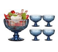 Dibor Glass Dessert Bowl Set Embossed 300ml Footed Sundae Dishes (4, Blue)