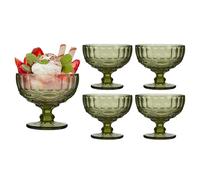 Dibor Glass Dessert Bowl Set Embossed 300ml Footed Sundae Dishes (4, Green) | Dishwasher Safe, Baroque, Bevelled, Vintage Style, Footed Bowls