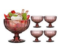 Dibor Glass Dessert Bowl Set Embossed 300ml Footed Sundae Dishes (4, Pink) | Dishwasher Safe, Baroque, Bevelled, Vintage Style, Footed Bowls