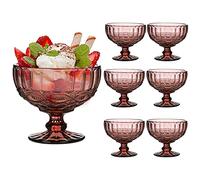 Dibor Glass Dessert Bowl Set of Embossed 300ml Footed Sundae Glass Dessert Cup Dishes (6, Pink)
