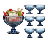 Dibor Glass Ice Cream Bowls - Set of 6 Blue Embossed Sundae Dishes (CP46) | Dishwasher Safe, 300ml, Footed Bowl, Bevelled Finish, Vintage Style, Alfresco Dining