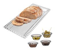 Dibor Glass Serving Set Bread Platter & 4 Snack Bowl Dishes (CF21) | Hand Wash, Bella Perle, Beaded Edge, Serving Tray, Olive Bowl, Dip Bowl, Glassware, Tableware, Crockery Set