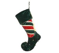 Dibor Green Velvet Red Striped Christmas Elf Jingle Bell Stocking | Hanging Loop, Braided Edge Cuff, Hanging Tassel Decoration, Striped Finish, Jingle Bells