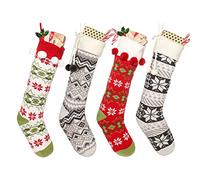 Dibor Knitted Christmas Stockings Set - 4 Large 24″ Xmas Stocking Boot | Hanging Loop, Pom Pom Cuff, Fair Isle Pattern