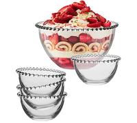 Dibor Large Glass Bowl Set Decorative Trifle Serving Bowl & Set of 4 Beaded Edge Dessert Bowls Alfresco Dining Serveware