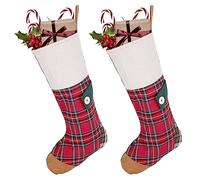 Dibor Large Highland Tartan Patchwork Christmas Stocking Set - H51cm | Hanging Loop, Button Details, Patchwork Design