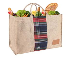 Dibor Large Jute Shopping Bag - Beige Tartan Natural Hessian