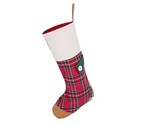 Dibor Large Tartan Christmas Stocking - H51cm | Hanging Loop, Button Details, Herringbone Cuff