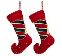 Dibor Luxury Decorative Velvet Christmas Elf Stocking Pair - H51cm | Hanging Loop, Braided Edge Cuff, Hanging Tassel Decoration, Striped Finish, Jingle Bells