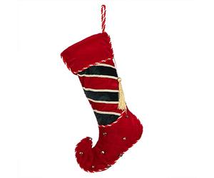 Dibor Luxury Red Velvet Green Stripe Christmas Elf Jingle Bell Stocking - H51cm
