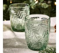 Dibor Set Of 2 Laurier Green Embossed Leaf Drinking Glass Short Tumblers Festive Christmas Decor Glassware 320Ml