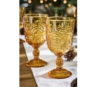 Dibor Pair of Parisian Amber Mandala Embossed Wine Goblets 300ml - Christmas Gift for Her in Yellow | Size: 2 Pack Dibor Yellow 2 Pack