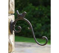 Dibor Perched Bird Cast Iron Hanging Basket Bracket - Antique Brown, Outdoor Wall Hook For Planters And Baskets