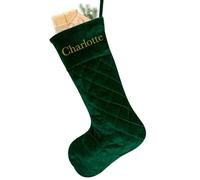 Dibor Personalised Christmas Stocking Luxury Velvet Quilted Traditional Gift Present Embroidered Xmas Stocking 20” Mantelpiece Decoration Festive Gift Sack Stockings (Green)