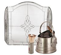 Dibor PEWTER Coal, Log, Kindling Bucket & Matches Canister with Silver Three-Fold Firescreen Dibor Silver