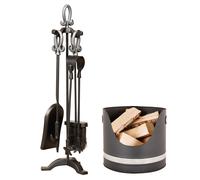 Dibor PEWTER Handled Free Standing Companion Set with Black & Nickel Log Bucket in Silver Dibor Silver