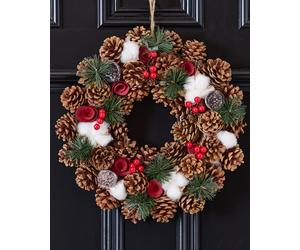 Dibor Pinecone & Roses Xmas Decor Front Door Wreath Christmas Wreath 36cm in Red Dibor Red