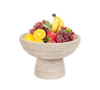 Dibor Rattan Fruit Bowl Footed Woven Basket Large Premium Glazed Finish Fruit Basket Kitchen Worktop Dining Table Storage (White)