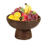 Dibor Rattan Fruit Bowl Footed Woven Basket Large Premium Glazed Finish Fruit Basket Kitchen Worktop Dining Table Storage (Brown)