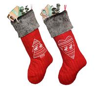 Dibor Red Christmas Stockings Set of 2 Nordic Heart & Tree Xmas Gift Stockings