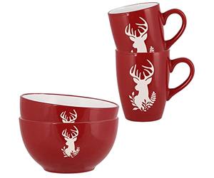 Dibor Red & White Reindeer Cereal Bowl and Coffee Tea Mug Breakfast Gift Set
