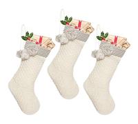 Dibor S/3 White & Grey Chunky Cable Knit Fabric Pom Pom Decoration Stockings - H48cm
