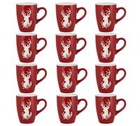 Dibor Set of 12 Red Festive Novelty Reindeer Dishwasher Microwave Safe Mugs - D8cm