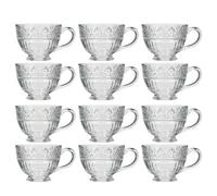Dibor Set of 12 Vintage Style Embossed Footed Coffee Mug Clear Tea Cups | Size: 12 Pack Dibor Clear 12 Pack