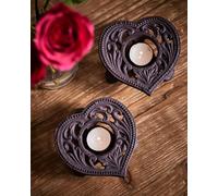 Dibor Antique Brown Cast Iron Heart Tealight Candle Holder 2 Pack - Size: 4 x 13 x 13cm - Wilko