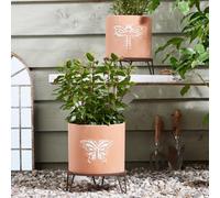 Dibor Set Of 2 Embossed Butterfly Dragonfly Round Indoor Outdoor Garden Plant Pots Footed Terracotta Flower Planter (Dia) 20Cm, (H)23Cm
