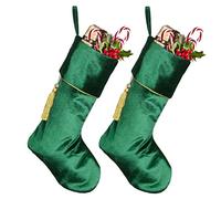 Dibor Set of 2 Emerald Green Crushed Velvet Christmas Stockings (CR08) | Hanging Loop, Tassel Decoration, Braided Cuff