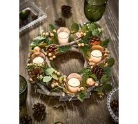 Dibor Set of 2 Eucalyptus & Cinnamon Round Centrepiece Christmas Decoration Tealight Holder Candle Holders 30cm in Green | Size: 2 Pack Dibor Green 2 Pack