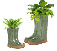 Dibor Set of 2 Flower Pot Planters - Small & Large Wellington Boot (Green) | Ceramic, Wellington Boot Planter, Plant Pot, Flower Pot, Planter, Drainage Hole, Removable Stopper
